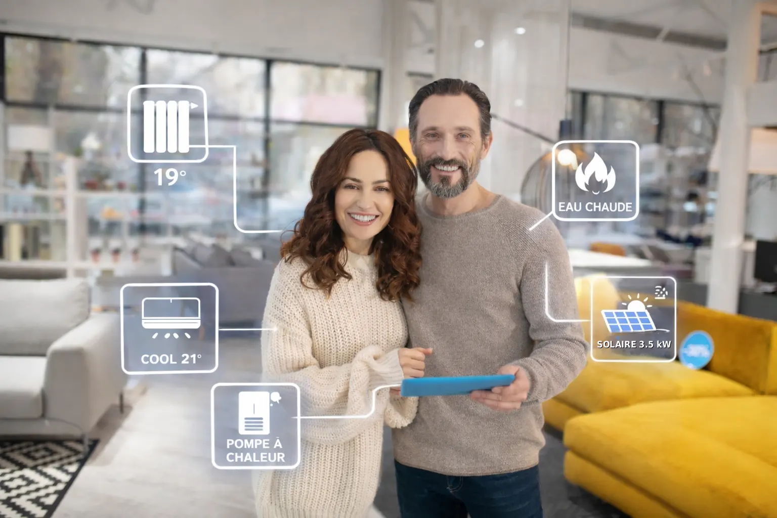 Couple pilotant le confort de son logement depuis une tablette