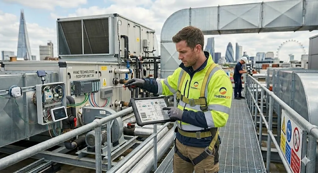 Technicien contrôlant une installation sur une toiture technique